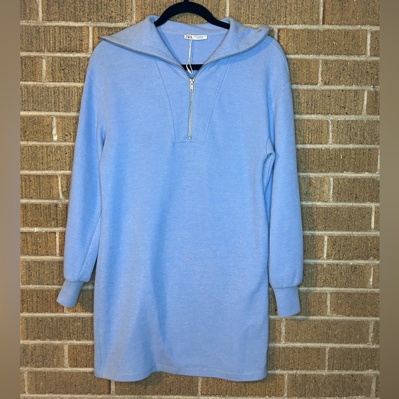 Zara Dresses & Skirts - ZARA Women’s Sweater Dress Long Sleeve Mock Neck Quarter Zip Soft BLUE Size S